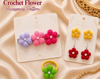 Häkelanleitung für Blumenaccessoires (PDF) | 3-in-1-Set: Haarspange, Ring & Ohrringe | Anleitung für gehäkelte Puffblumen