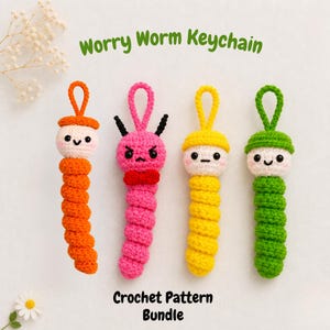 May include: Four colorful crochet Worry Worm keychains. Each worm has a different color scheme: orange, pink, yellow, and green. The keychains have a loop for attaching to keys or bags. The text "Worry Worm Keychain" and "Crochet Pattern Bundle" are visible.
