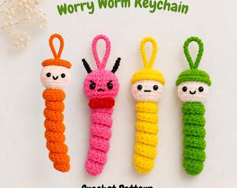 Worry Worm Häkelanleitungspaket | Amigurumi Wurm Schlüsselanhänger & Taschenanhänger PDF