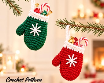 Crochet Mitten Ornament Pattern PDF | Christmas Candy Holder | Snowflake Tree Decoration | Instant Download