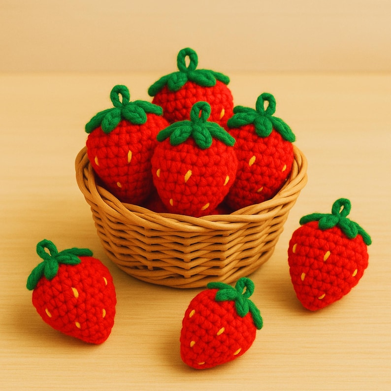 May include: A collection of handmade crochet strawberries in a woven basket and scattered around it. The strawberries are red with green tops and yellow seeds. The basket is brown, and the background is a light brown.