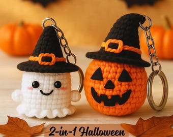 Häkelanleitung für einen Geister-Kürbis-Schlüsselanhänger | 2-in-1-Halloween-Hexenhut-Amigurumi (PDF-Download)