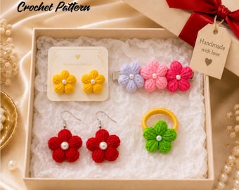 Crochet Flower Accessories Pattern PDF | 3-in-1 Hair Clip, Ring & Earrings Bundle | Puff Flower Tutorial