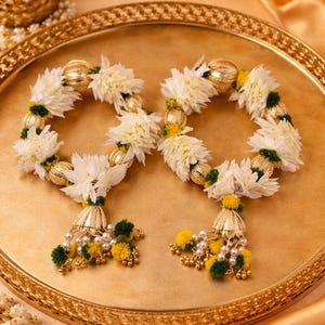 Bridal Hand Gajra Set, White Floral Bangles, Gold Tassel Wedding Jewelry.