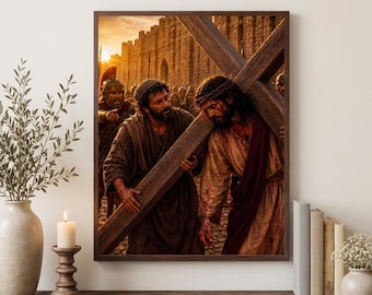May include: A framed wall art print depicting a historical scene of a figure carrying a large wooden cross, accompanied by another person in robes and a Roman soldier in armour, set against a stone wall background with warm golden sunlight.