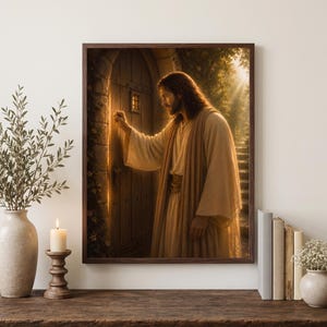 Quadro da parete con Gesù che bussa alla porta / Apocalisse 3:20 Stampa cristiana / Decorazione con versetto biblico