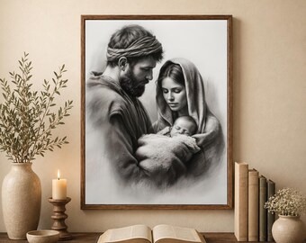 Birth of Jesus Minimalist Sketch Wall Art Printable – Christian Line Art Decor