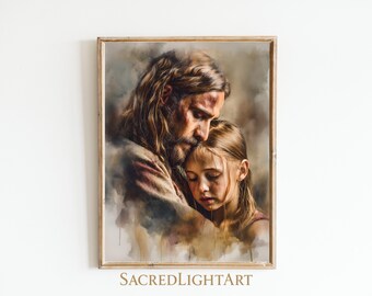 Barmherziger Jesus Portrait mit Kind | Christliche Wandkunst | Katholische Kinderzimmer Dekoration
