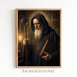 May include: A framed digital art print of a robed monk with a long white beard, holding a staff and a book. The artwork uses a warm colour palette with a lit candle and a halo behind the monk's head. The text "SACREDLIGHTART" is at the bottom.