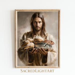 Jesús multiplicando los panes y los peces / Arte mural cristiano moderno para la decoración del hogar / Decoración de pared católica