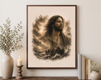 Jesus Calming the Storm Wall Art Printable – Peace Amid the Storm Christian Fine Art Print