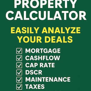 Könnte beinhalten: Ein grüner Hintergrund mit weißem Text, der „RENTAL PROPERTY CALCULATOR“ lautet. Darunter steht in gelbem Text „EASILY ANALYZE YOUR DEALS“. Häkchen stehen vor den Wörtern: HYPOTHEK, CASHFLOW, CAP RATE, DSCR, WARTUNG, STEUERN, VERSICHERUNG und MEHR. Das InvestorSheets-Logo befindet sich unten.