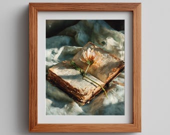 May include: A framed wall art print featuring an open, aged book with yellowed pages resting on a rumpled, light-colored fabric. A single, delicate, light-colored flower with a long green stem lies across the open pages of the book.