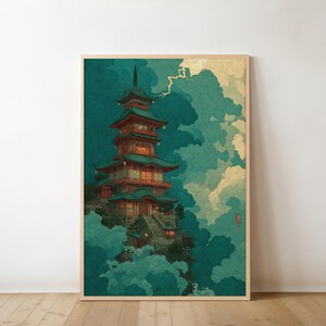 May include: A framed vertical wall art print depicting a multi-tiered pagoda structure perched on a rocky cliffside. The scene features deep teal and green clouds, a glowing yellow lightning bolt, and warm orange light emanating from the pagoda windows.
