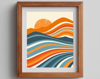70s Inspired Art Summer Beach Print Vintage Style Art Coastal Landscape Digital Download Retro Seaside Wall Decor Mid-Century Modern Scene