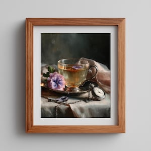 May include: A framed still life painting featuring a glass teacup with tea and flower petals, resting on a silver saucer. A pocket watch with a chain and a purple flower are also on the table. The background is a soft, muted color.