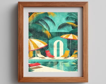 Retro 1970s Poolside Scene - Vintage Summer Wall Art, Mid-Century Style Graphic Print, Playful Tropical Poster, Instant Download 524