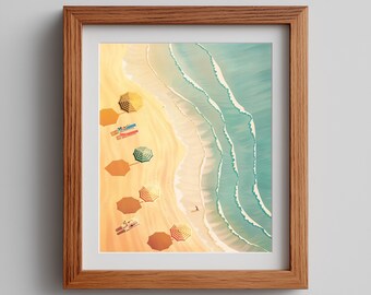 Retro Beach Scene Printable Art - 70s-Inspired Summer Poster, Vintage Striped Umbrellas, Nostalgic Ocean Shoreline, Digital Download 527