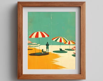 Retro 1970s Beach Scene Printable - Vintage Summer, Colorful Coastal Decor, Graphic Beach Art, Striped Umbrellas, Digital Download 526