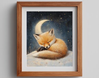 May include: A framed print titled Annaive Studio Prints featuring a sleeping orange fox curled up on a snowy surface under a crescent moon and starry night sky. The text Download | Print | Frame is printed at the bottom of the image.