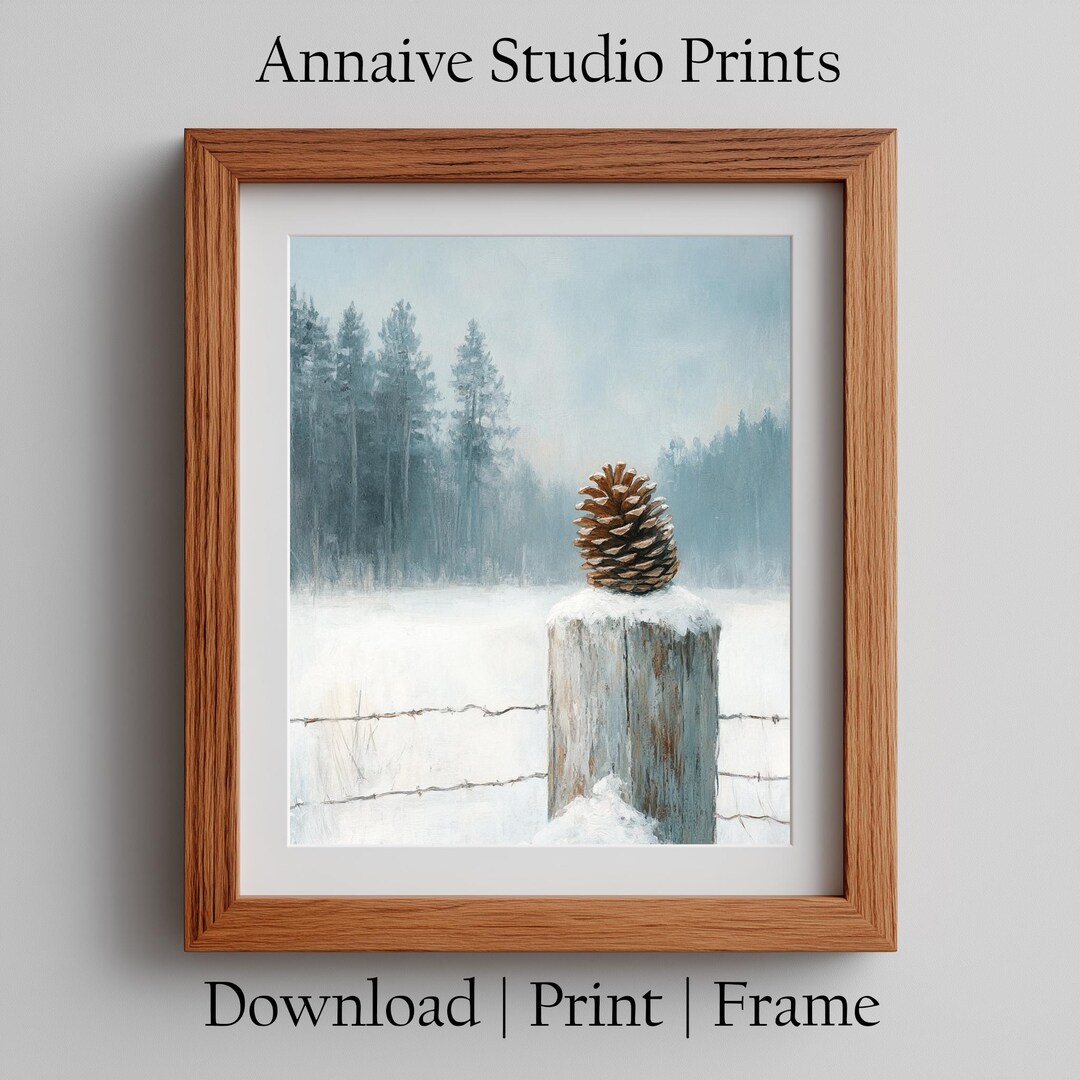 winter-pinecone-landscape-art-rustic-woodland-print-digital-download