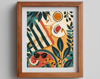 Retro Summer Picnic Wall Art, Playful 1970s Print, Watermelon and Picnic Blanket, Mid-Century Style Decor, Printable Digital Download 547
