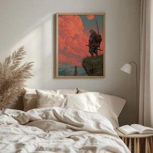 May include: Framed art print featuring a samurai warrior standing on a cliff, overlooking a landscape with a red sky and a full moon. The warrior is wearing armor and carrying a sword and backpack. The artwork is in a wooden frame.