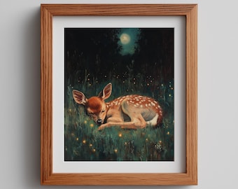 Sleeping Fawn Print, Rustic Baby Deer Art, Woodland Nursery (Digital Download)