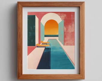 Retro Mid-Century Poolside Art Print - Playful 1970s Style, Vintage Graphic Design, Minimalist Wall Decor, Printable Digital Download 525