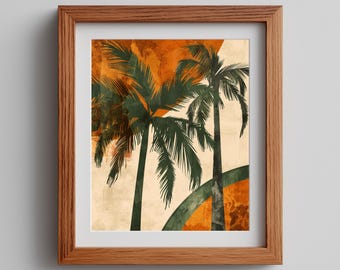 Retro Palm Trees Landscape, Boho Mid-Century Modern Wall Art, 1970s Vintage Tropical Style, Earthy Printable, Sunset Digital Download 529