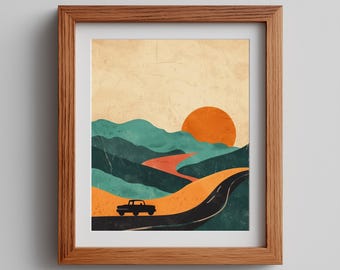 Retro Summer Road Trip Art Print – 1970s Car Poster (Digital Download)