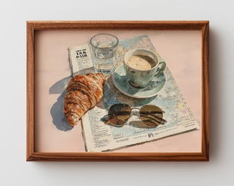 Cafe wall art breakfast print croissant art watercolor kitchen decor vintage cafe scene cozy morning coffee wall art