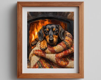 May include: A framed art print titled Annaive Studio Prints featuring a black and tan dachshund wrapped in a multi-colored patterned blanket in front of a glowing fireplace. The text Download | Print | Frame is visible at the bottom of the image.