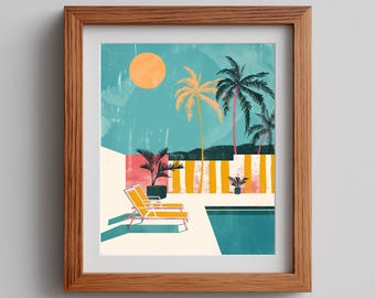 Printable Retro 1970s Poolside Scene - Playful Vintage Coastal Illustration, Mid-Century Modern Beach Art, Digital Download Decor 523