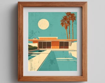 Retro 1970s Poolside Illustration - Mid-Century Modern House & Palm Trees, Vintage Travel Poster Art, Sunny California Print, Printable 534