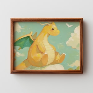 May include: A framed painting of a yellow dragon with green wings, sitting on a cloud against a blue sky with white clouds. The artwork has a whimsical, cartoonish style, with a warm color palette.
