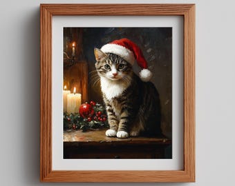 Christmas Cat Print, Tabby In Santa Hat Digital Download, Festive Cat Art