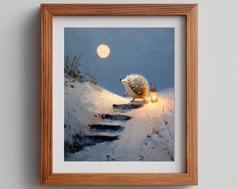 Hedgehog Lantern Print – Cozy Night Sky Storybook Art (Digital Download)