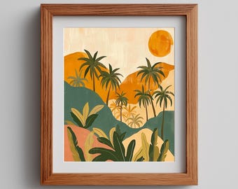 Retro Tropical Landscape Print, 1970s-Inspired Summer Wall Art, Boho Mid-Century Decor, Stylized Palm Trees & Foliage, Printable 522