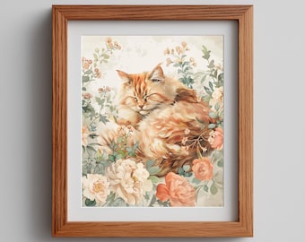 Ingwer Katze Druck Frühling Katze Kunst botanische Cottagecore Kitty Aquarell Wand Dekor Floral Vintage druckbare digitaler Download