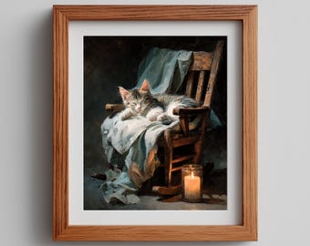 Sleepy Cat Art Kitten Wall Decor Kitty Nursery Artwork Spring Home Accent