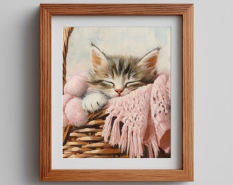 Tabby Kitten Art Cottagecore Painting Digital Download Sleeping Kitty in Basket Artwork