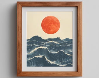 Printable 1970s Inspired Ocean Sunset Art, Retro Graphic Poster - Vintage Coastal Decor with Stylized Waves and Sun, Instant Download 504