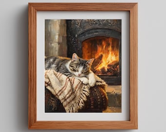 Retrato de gato, gato durmiendo junto a la chimenea (descarga digital), arte mural imprimible.
