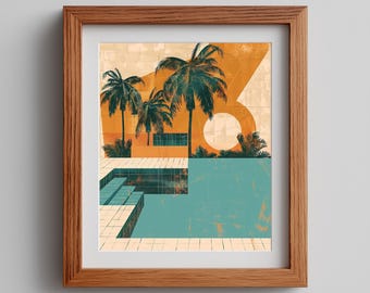 Retro Poolside Scene - Mid-Century Modern Landscape, 1970s Style Art, Vintage Coastal Wall Decor, Printable Digital Download 532