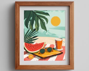 Retro Summer Picnic Printable Art - Vintage 70s Beach Scene with Watermelon, Tropical Leaves, Teal Ocean, Digital Print Download 530