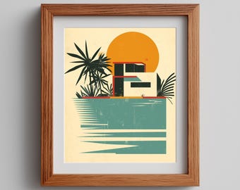Mid-Century Modern Poolside House Printable - Retro 1970s Style Art, Vintage Sunny Decor, Geometric Architecture, Instant Download 533