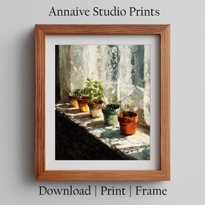 Cottagecore Plant Art Print Rustic Terracotta Pots Kitchen Window Artwork (Digital Download)