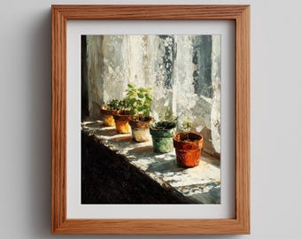Cottagecore Plant Art Print Rustic Terracotta Pots Kitchen Window Artwork (Digital Download)