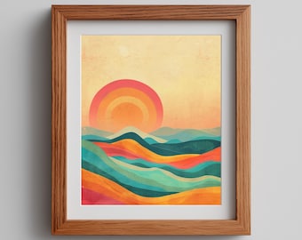 Retro Coastal Sunset Graphic Art, 1970s Mid-Century Modern Beach Sunset Poster, Vintage Summer Waves, Printable Wall Decor Download 535
